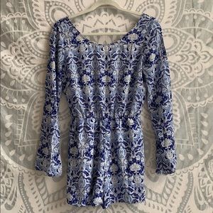 Blue patterned long sleeve romper